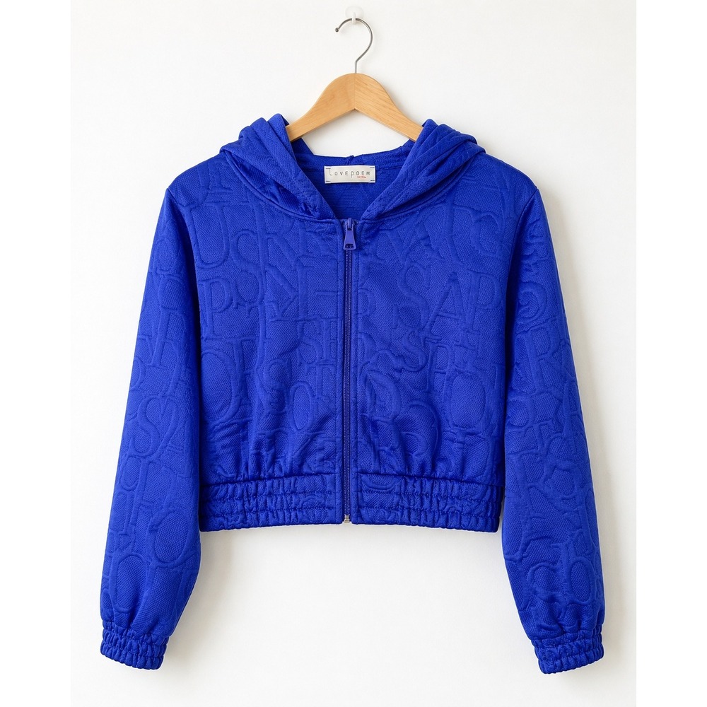 Lovepoem by Block Cobalt Blue 3X Cropped Zip Hoodie Textured Jacquard Jacket